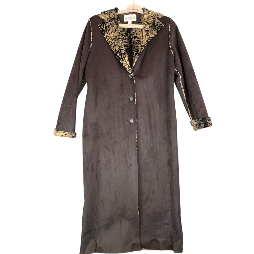 Vtg Women Sz 10 Faux Suede Coat Brown Goth Boho Chic Luxury Animal Print Lining